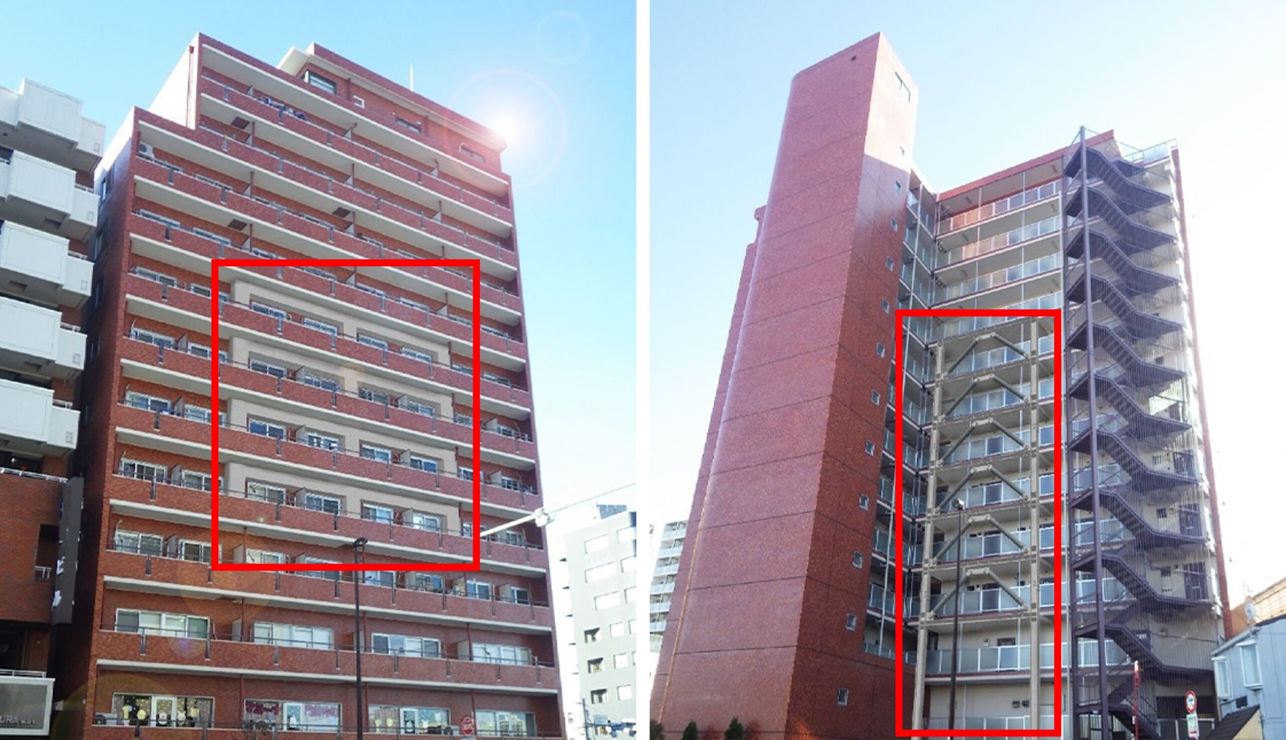 [株式会社T.D.S]バルコニー側の外付けフレーム(左)_共用廊下側の外付けブレース(右)補強の例